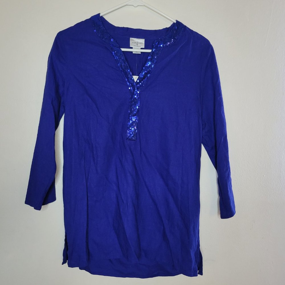 Jaclyn Smith Top Linen Blend Womens Tunic Blue Small 3/4 Sleeve Sequin Resort